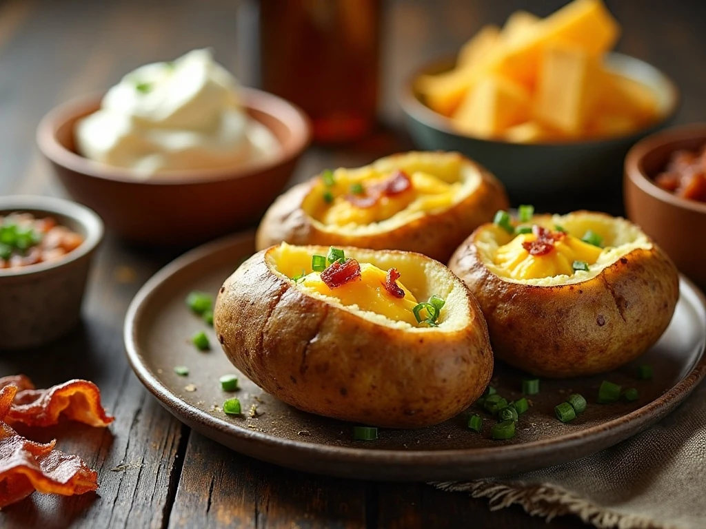 Four fluffy crockpot baked potatoes with assorted toppings