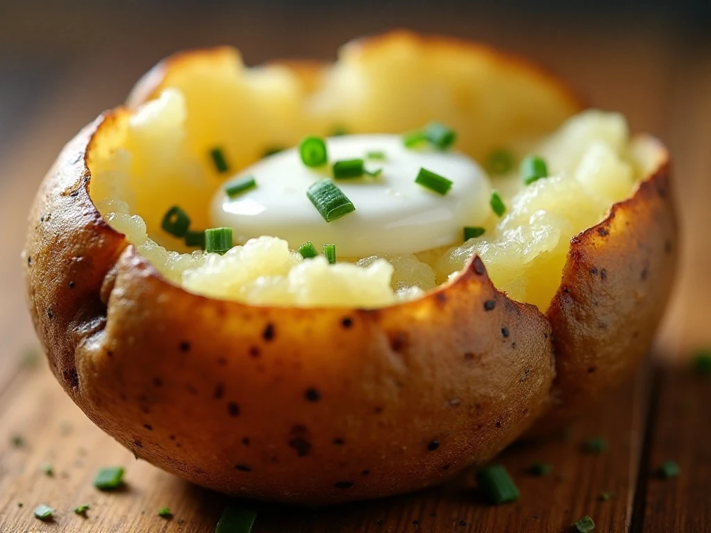 Fluffy baked potato center with melting butter and chives