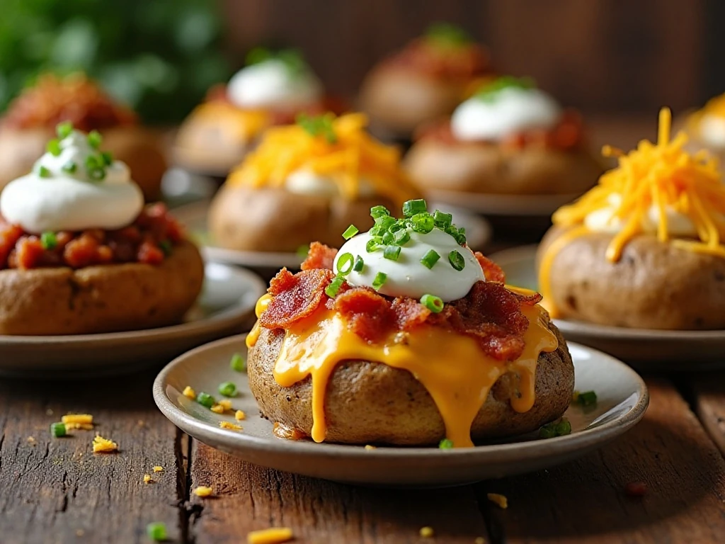 Crockpot baked potatoes with several topping combinations