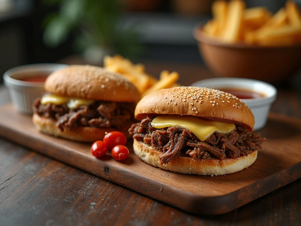 Crockpot beef roast sandwiches with provolone and pepperoncini