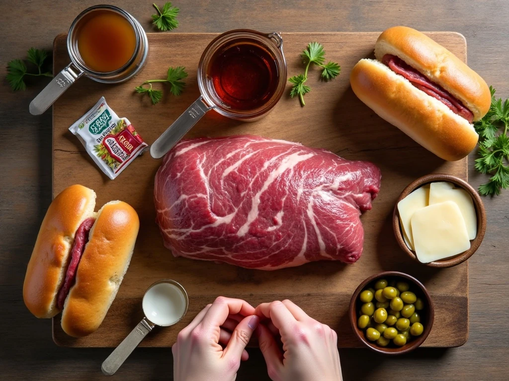 Ingredients for easy crockpot beef roast sandwiches