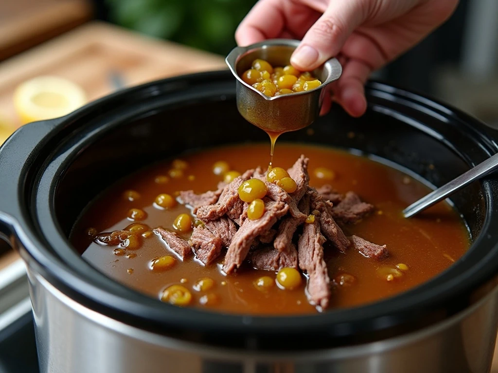 Shredded beef returning to crockpot juices