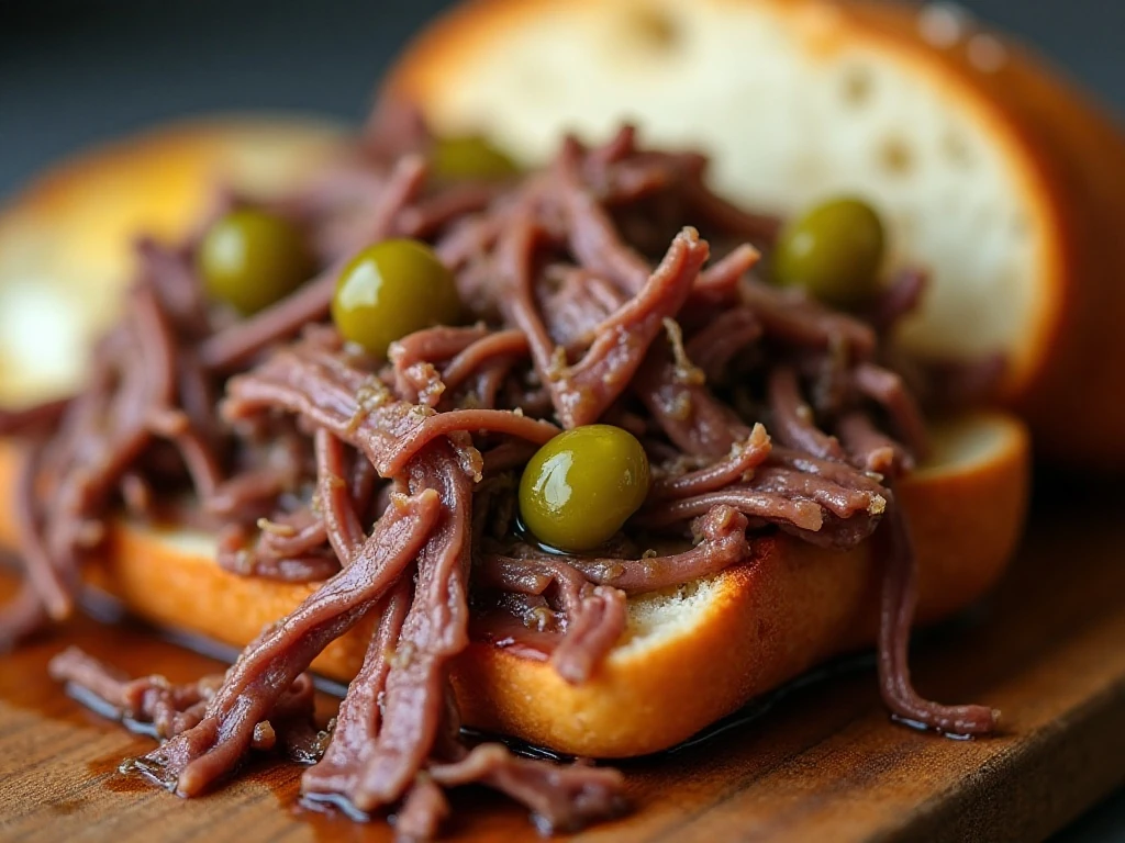 Close-up of tender shredded beef and pepperoncini
