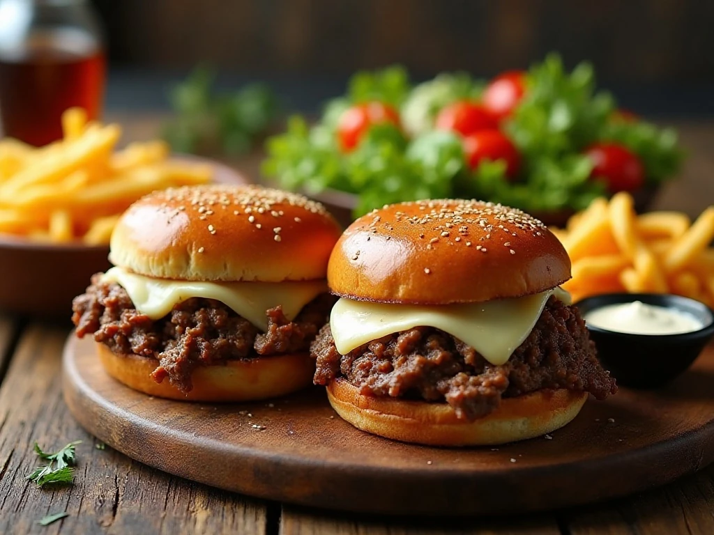 Crockpot beef sandwich meal with sides and dipping jus