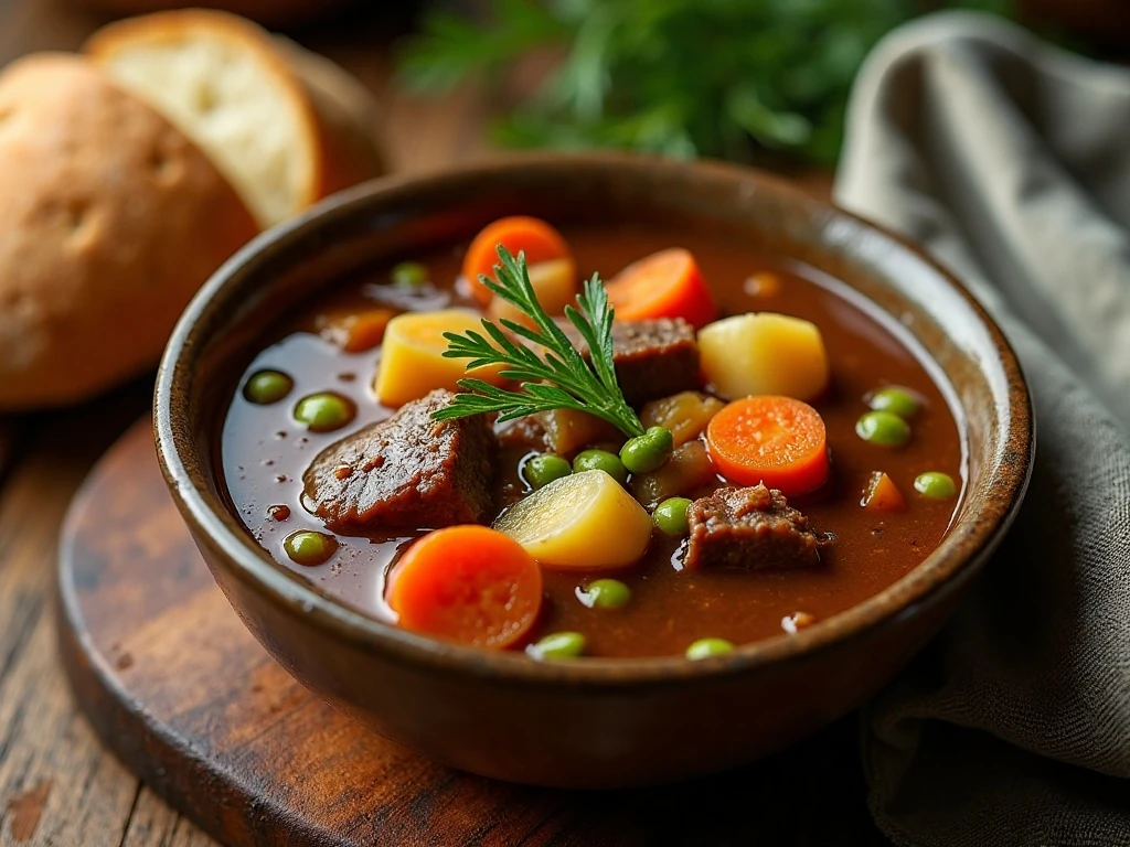Hearty crockpot beef stew served with crusty bread