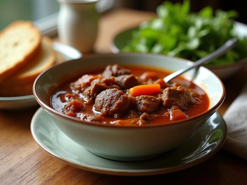 Crockpot beef stew dinner served with bread and salad