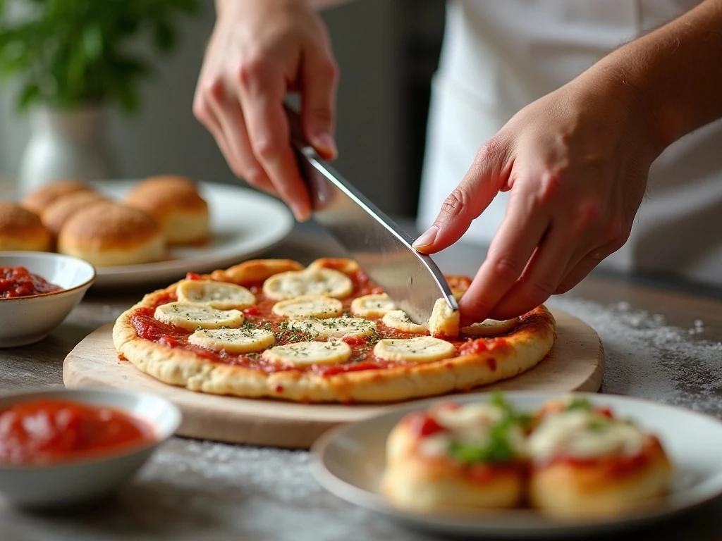 Cutting biscuit dough pieces for crockpot pizza casserole