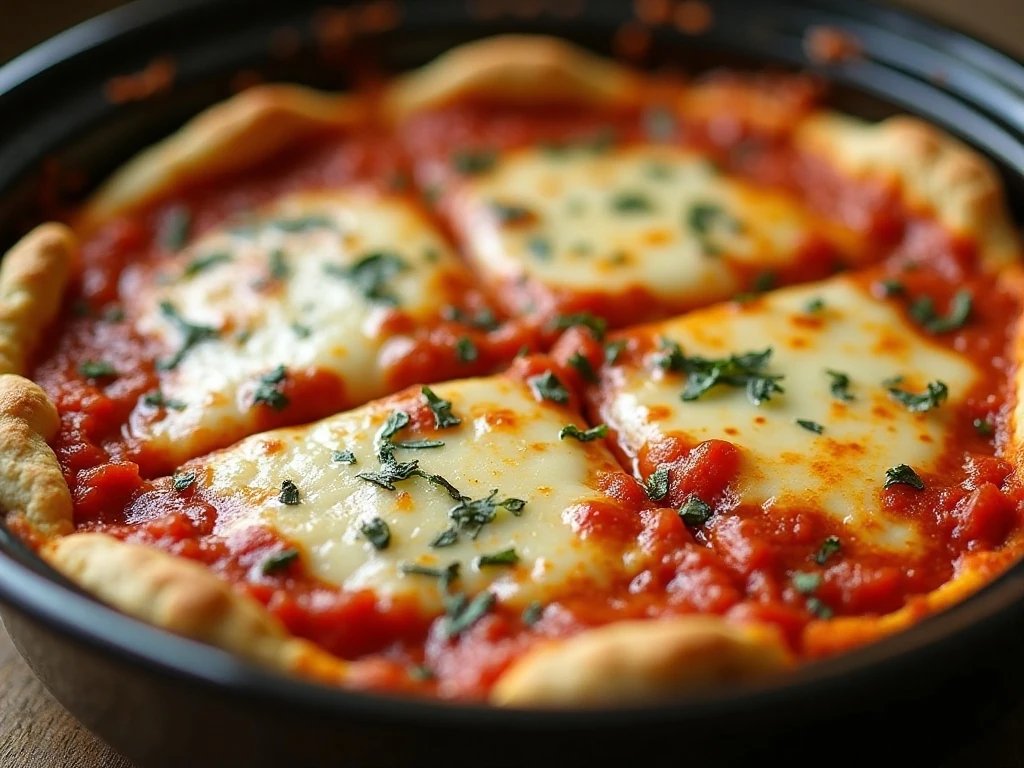 Close-up of melted cheese and biscuit pieces in crockpot pizza