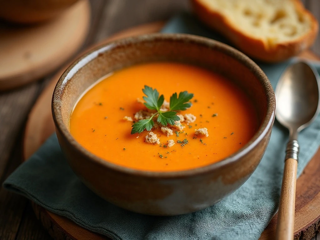 Crockpot carrot ginger soup served with crusty bread