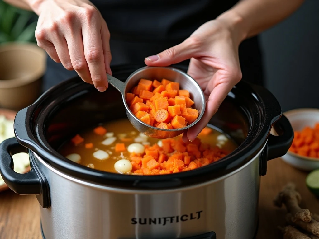 Adding carrot ginger soup ingredients to a slow cooker
