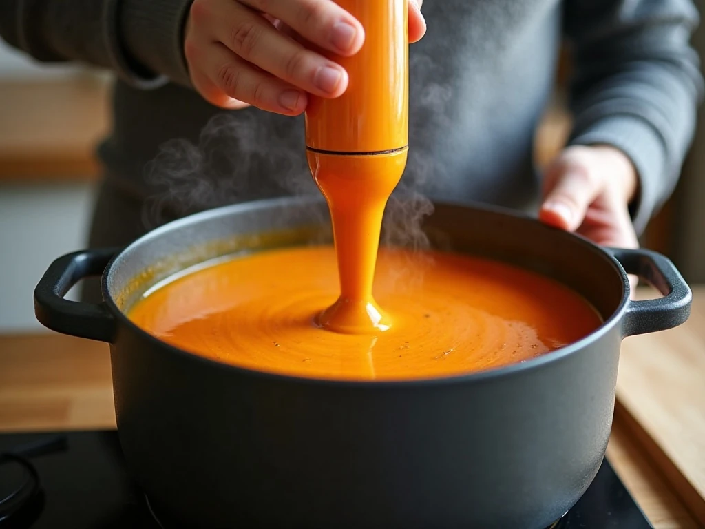 Blending carrot ginger soup with an immersion blender