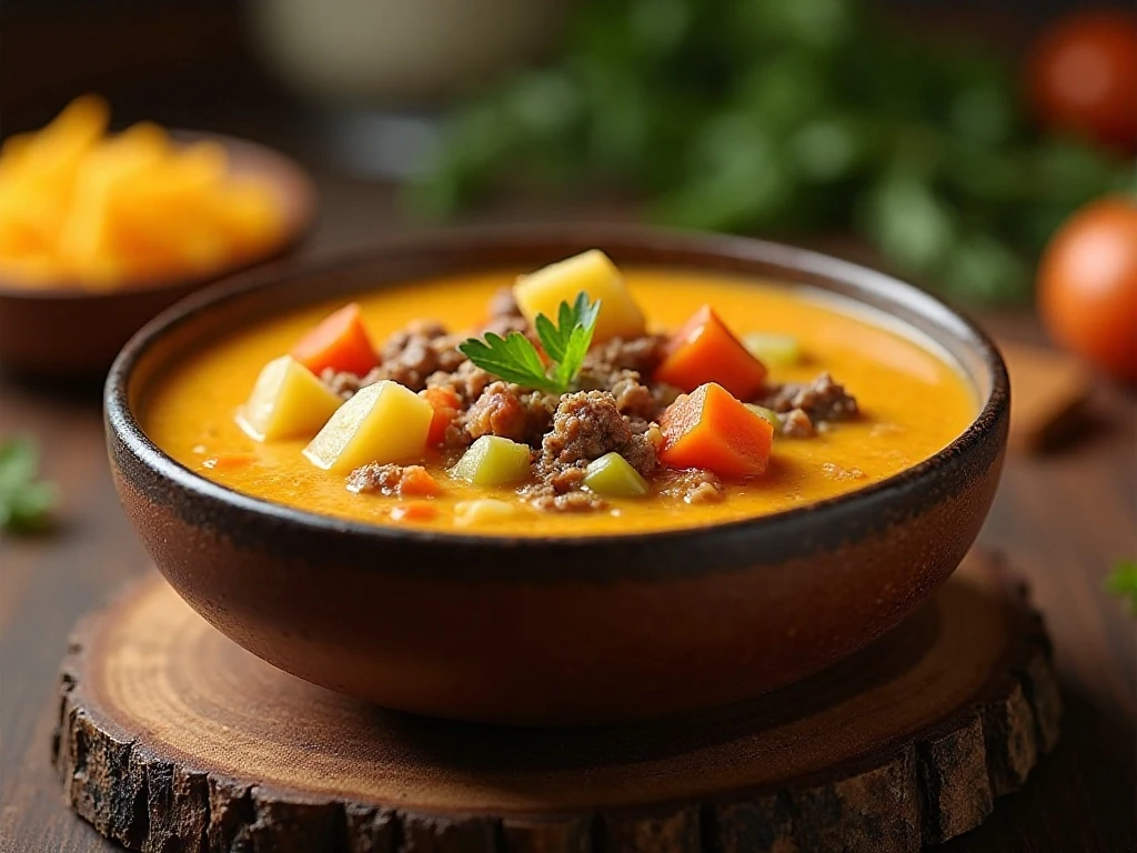 Crockpot cheeseburger soup served in a bowl with vegetables and melted cheddar