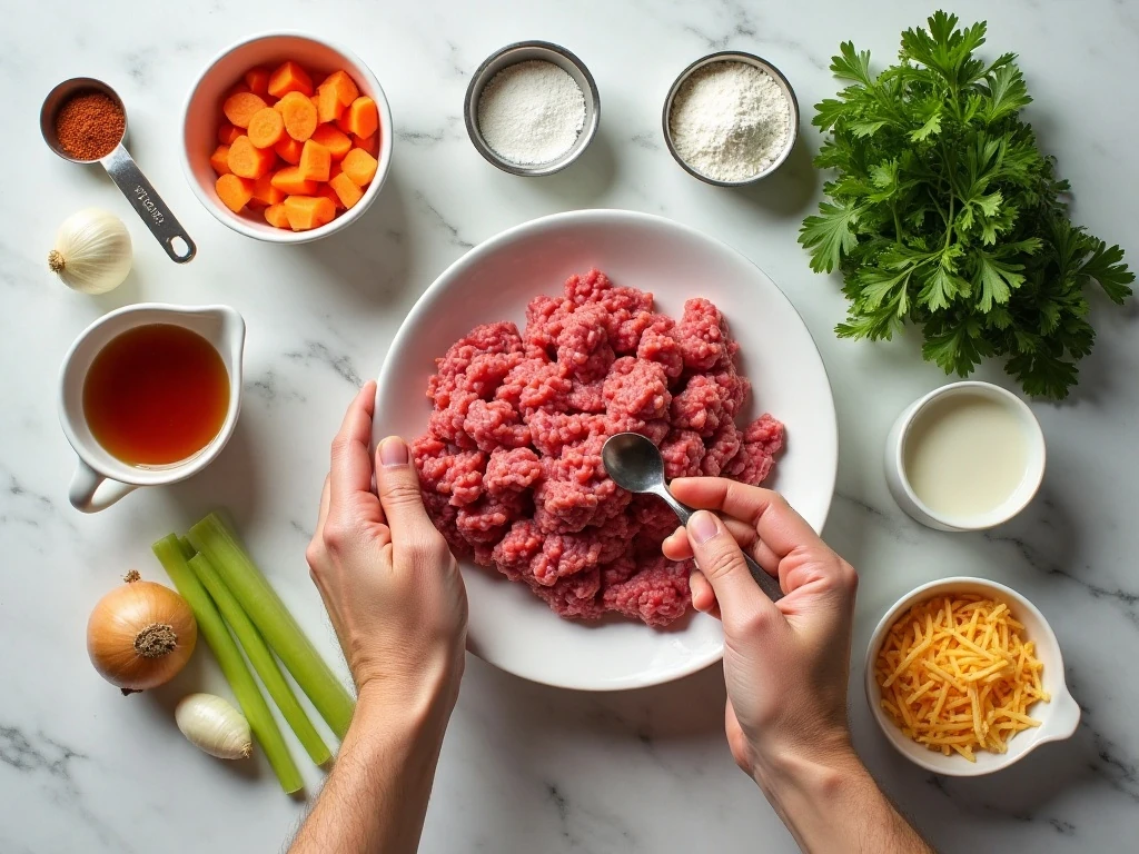 Ingredients for easy crockpot cheeseburger soup arranged on a counter