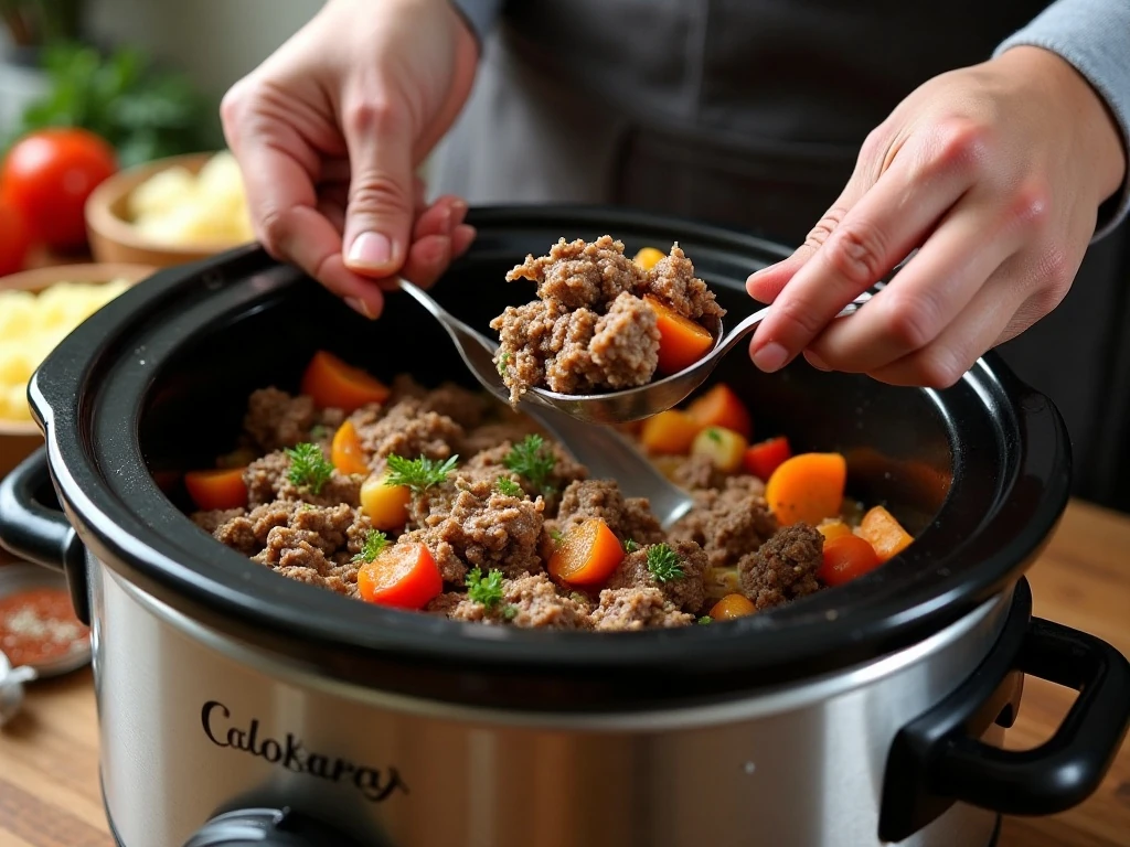 Preparing beef and vegetables for crockpot cheeseburger soup