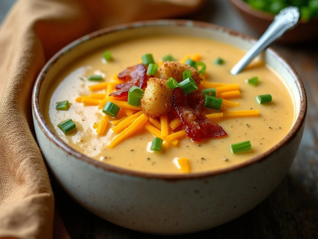 Cheeseburger soup garnished with cheddar bacon green onions and croutons