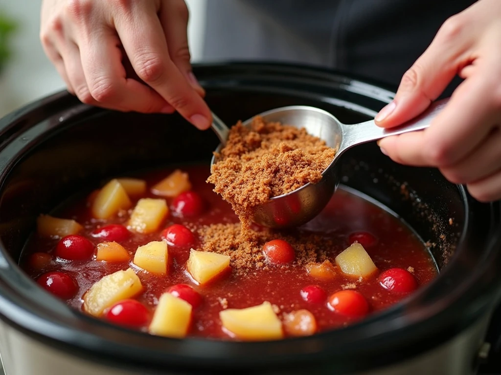 Stirring cherry pie filling and pineapple in a slow cooker