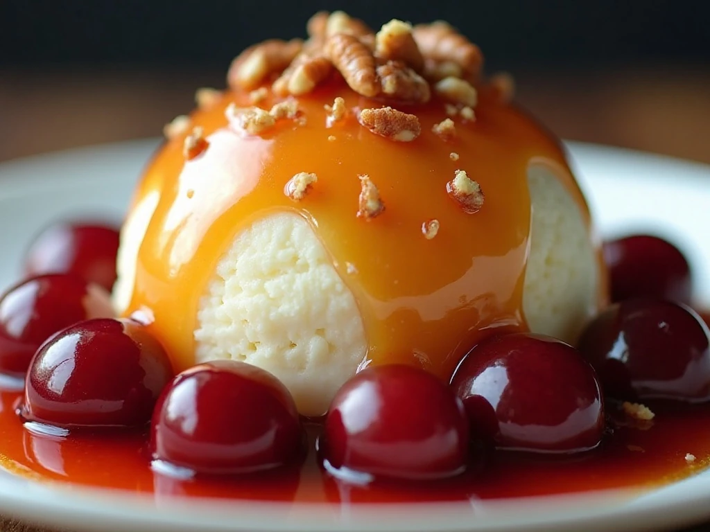 Cherry jubilee topping with vanilla ice cream and chopped pecans