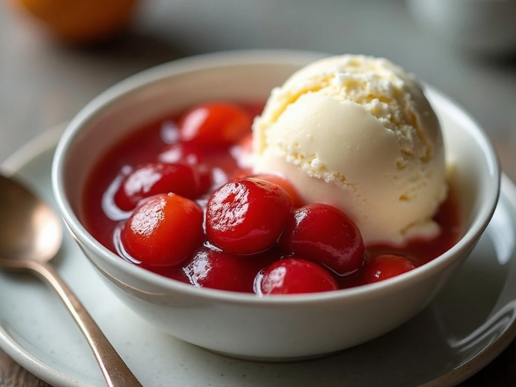 Warm reheated cherries jubilee ready to serve with ice cream