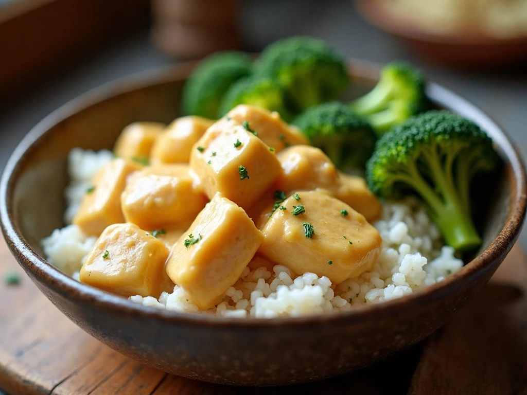 Creamy crockpot chicken and broccoli served over rice