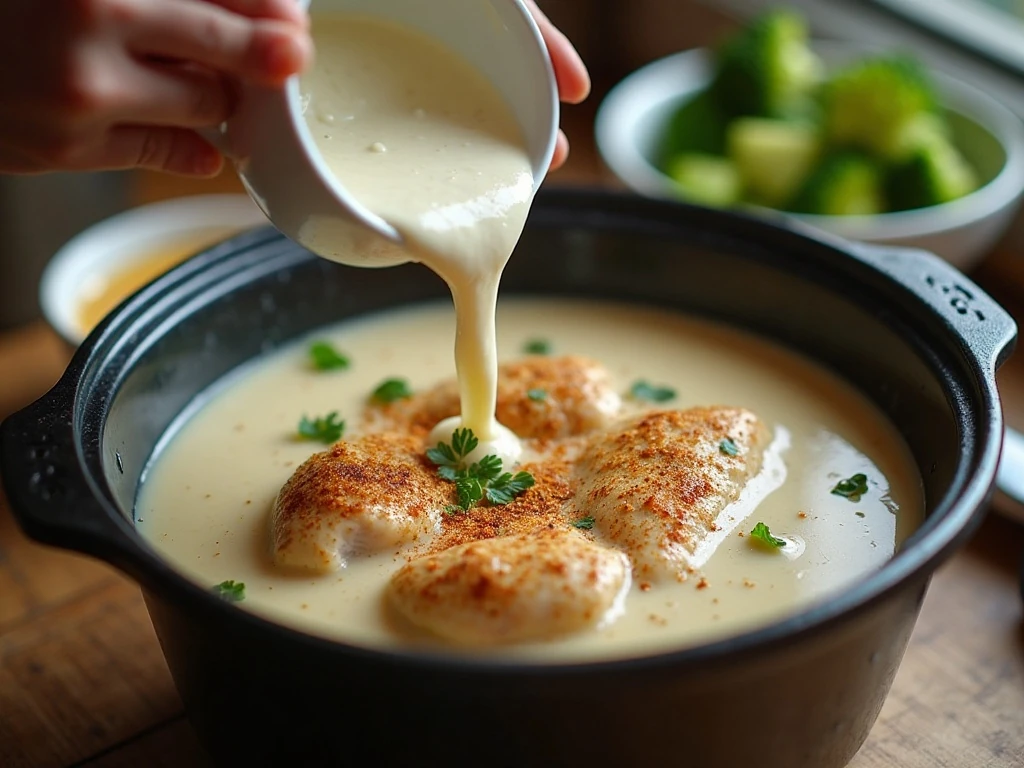 Preparing creamy chicken sauce for the slow cooker