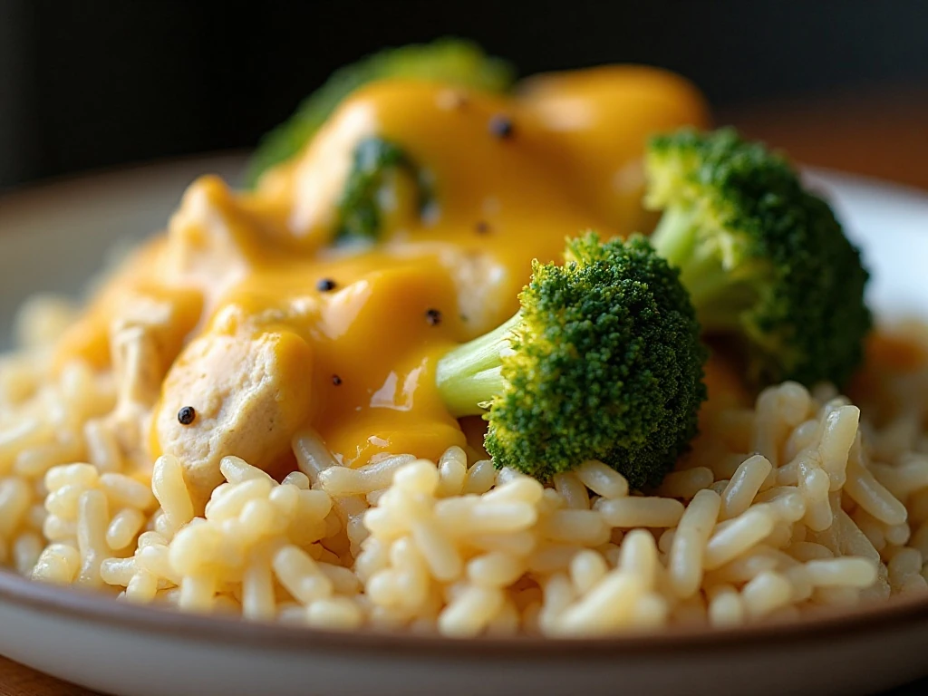Close-up of chicken broccoli and cheddar sauce over rice