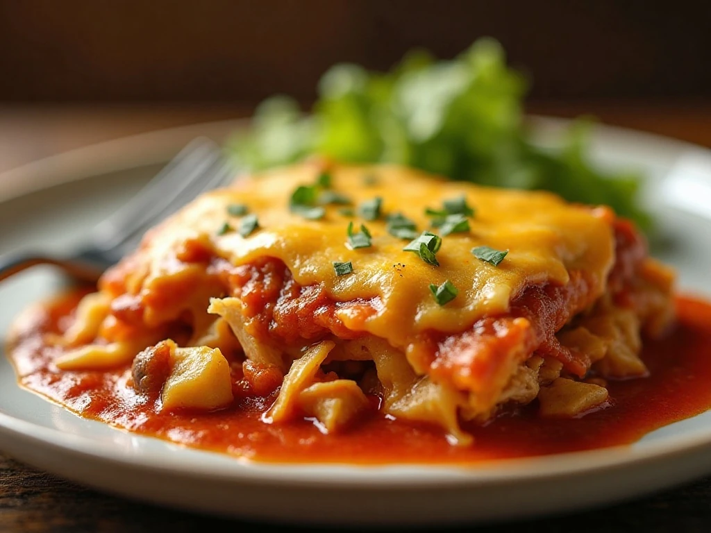 Plated crockpot chicken enchilada casserole with shredded chicken and melted cheese