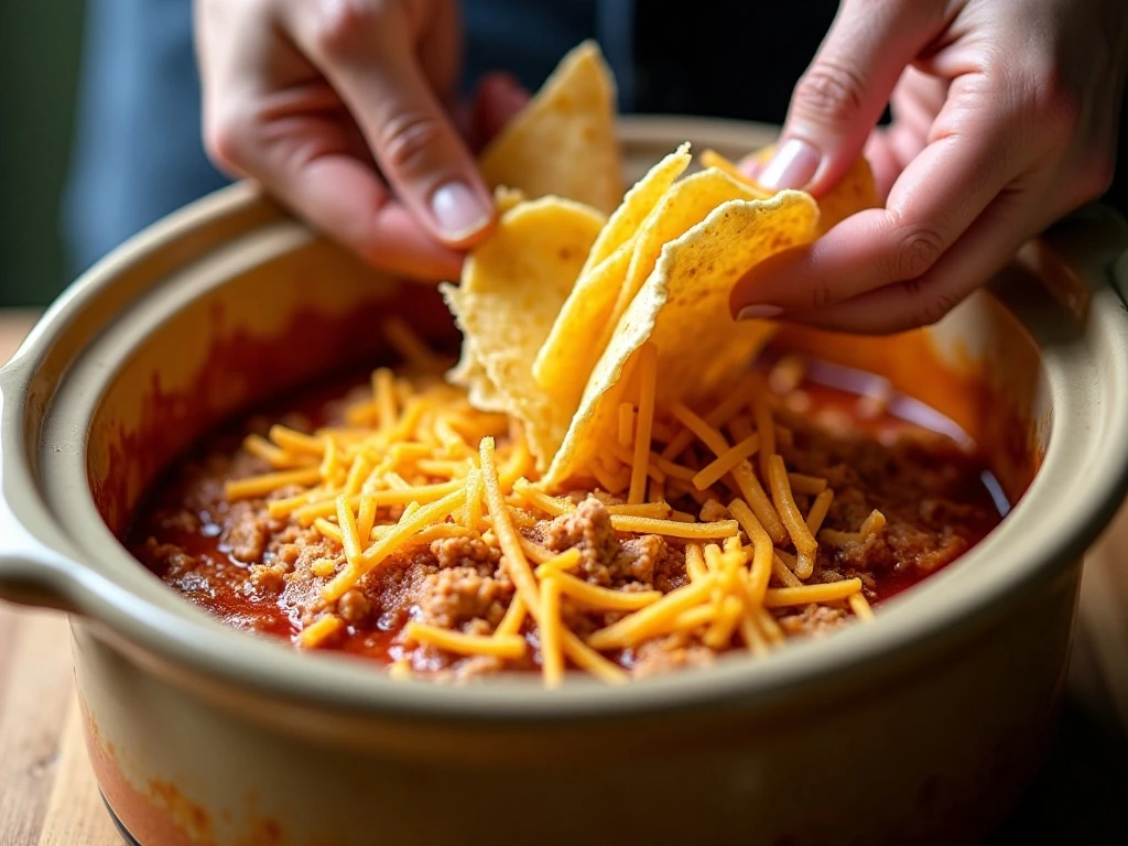 Layering tortillas, chicken, sauce, and cheese for crockpot enchiladas