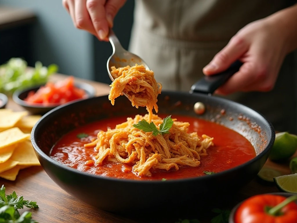Shredded chicken stirred with enchilada sauce for the casserole