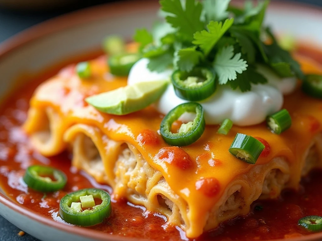 Chicken enchiladas garnished with sour cream avocado cilantro and jalapeños