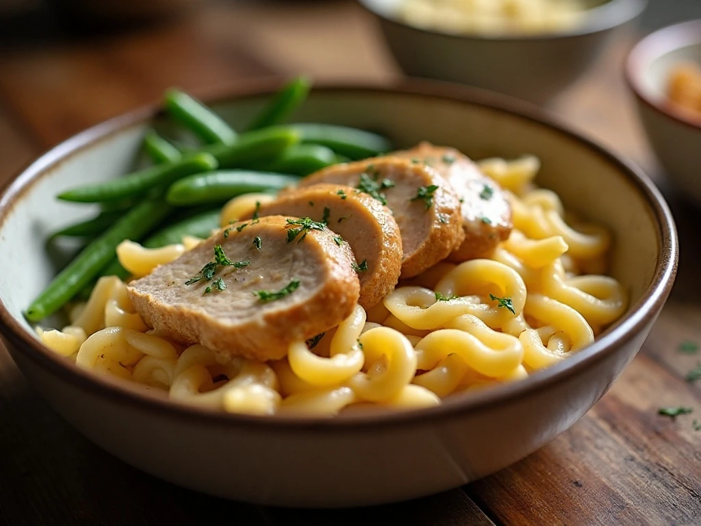 Creamy crockpot chicken served over egg noodles with green beans