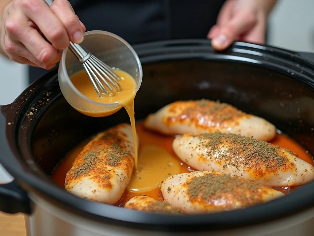 Whisking the creamy Italian sauce for crockpot chicken