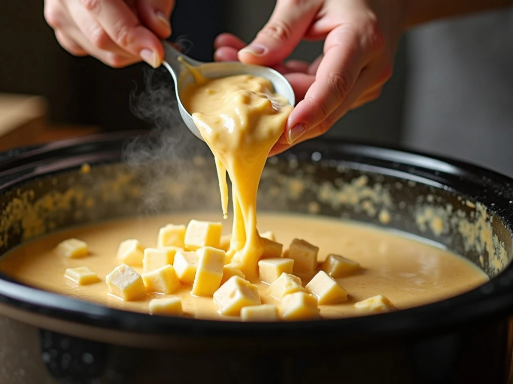 Cream cheese melting into crockpot chicken sauce