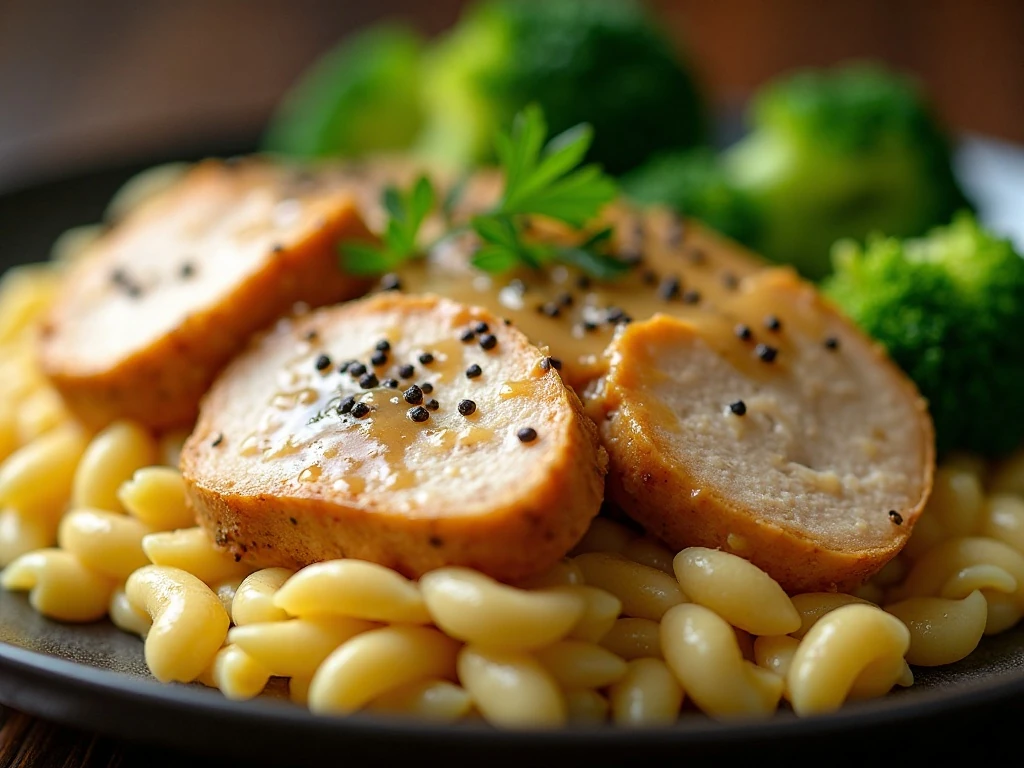 Close-up of creamy chicken with noodles and broccoli