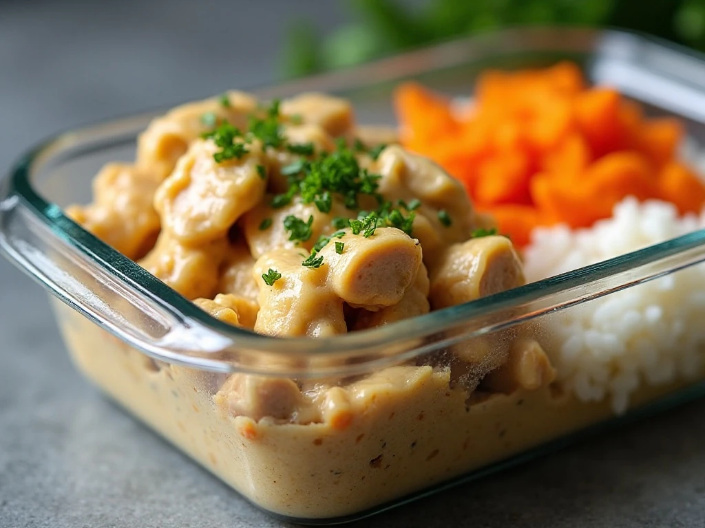 Stored creamy crockpot chicken ready for reheating