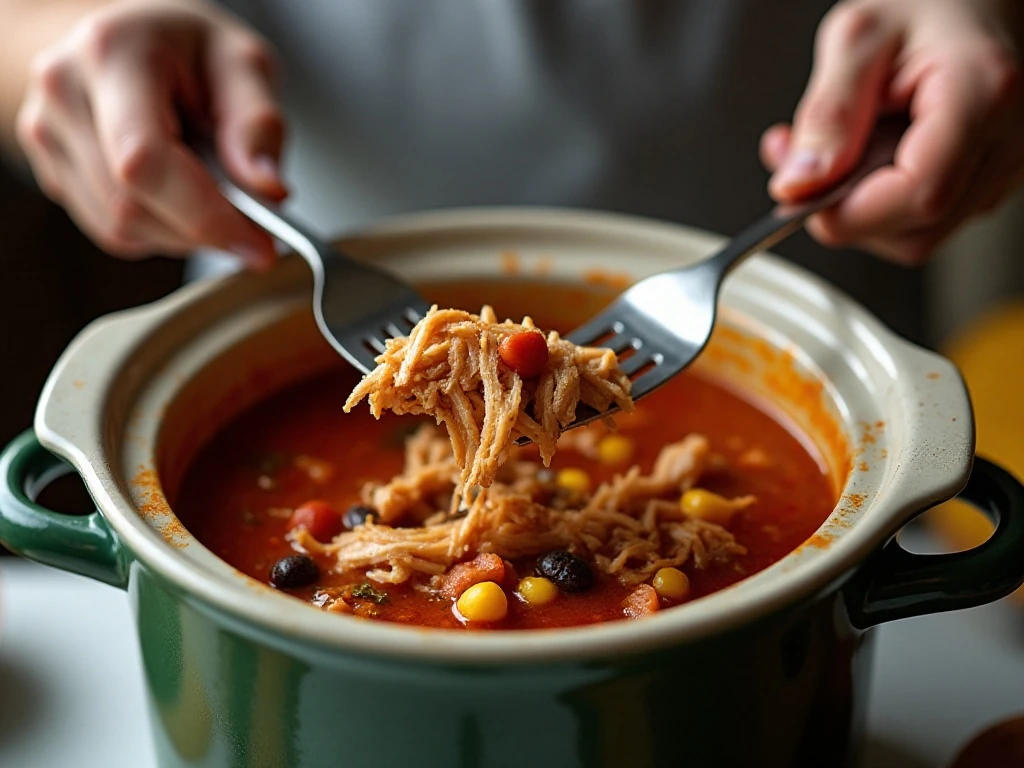 Shredding tender chicken for crockpot taco soup