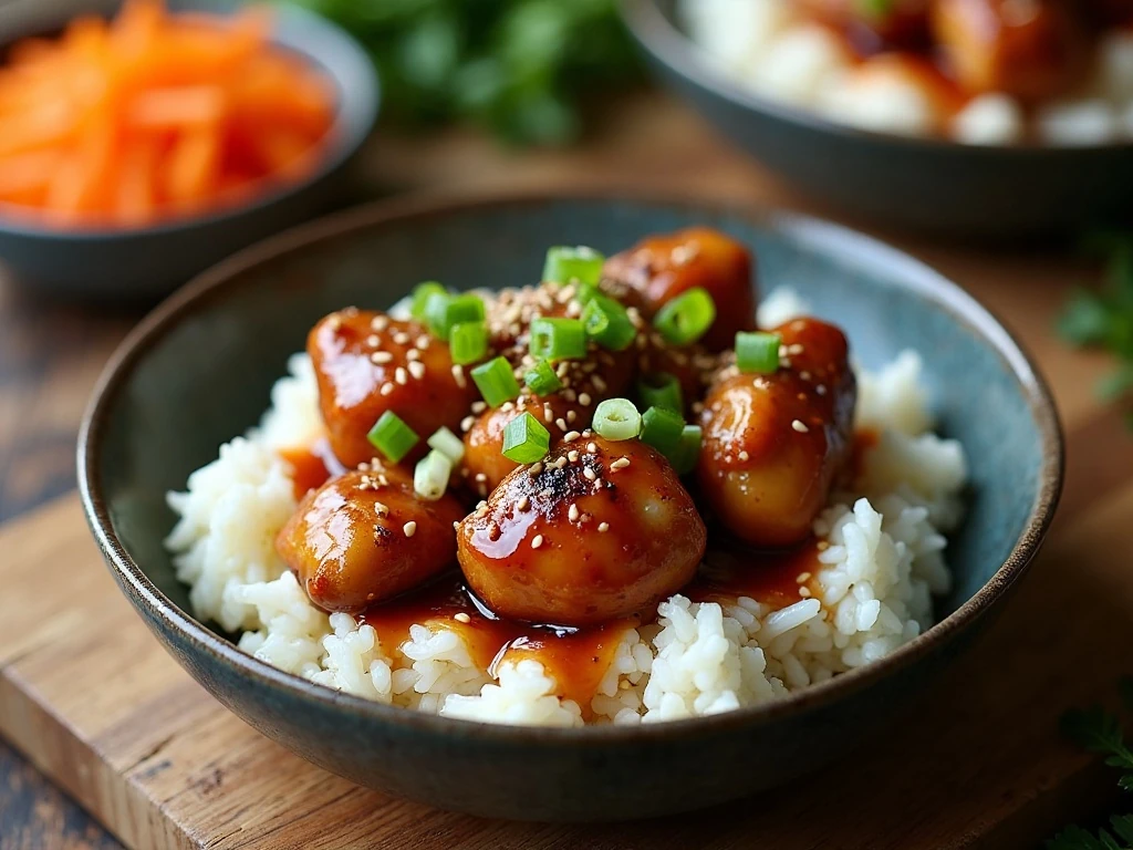Crockpot chicken teriyaki served over rice with green onions and sesame seeds