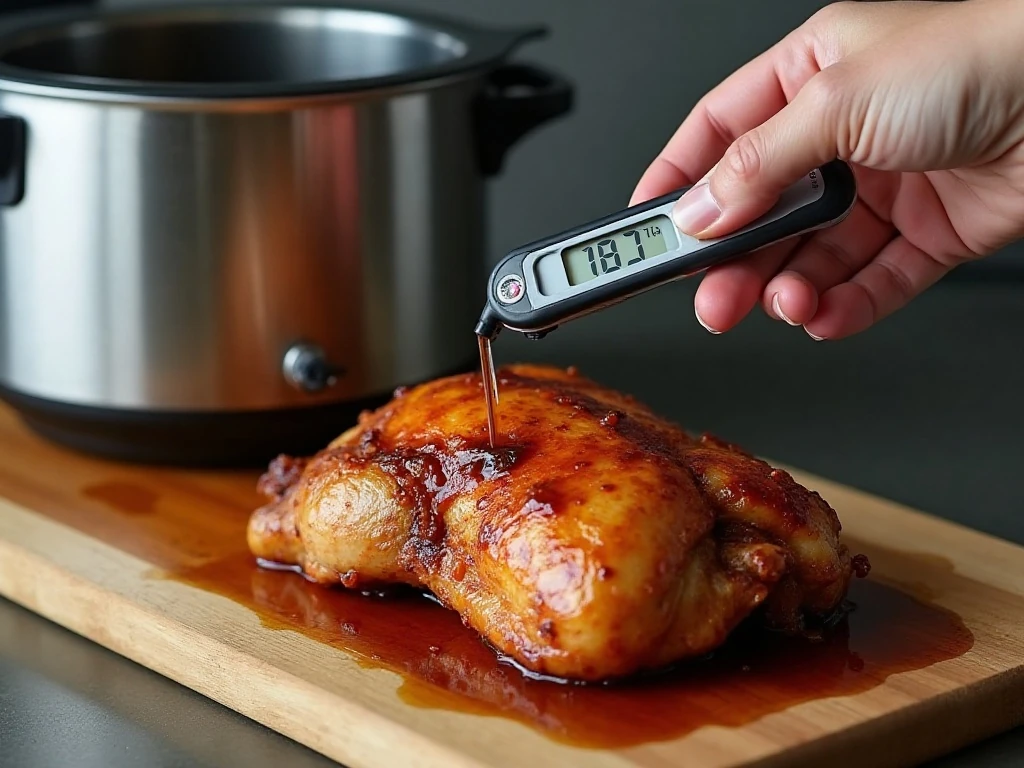 Checking crockpot chicken teriyaki for a safe internal temperature