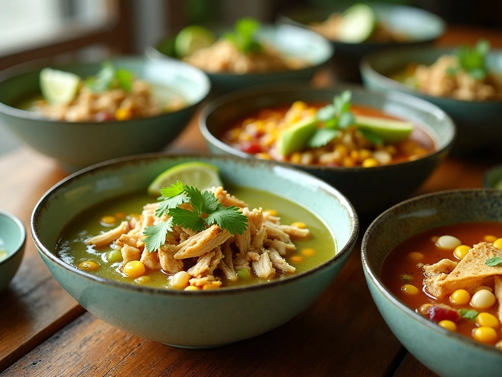 Bowls of crockpot chicken tomatillo soup with colorful toppings