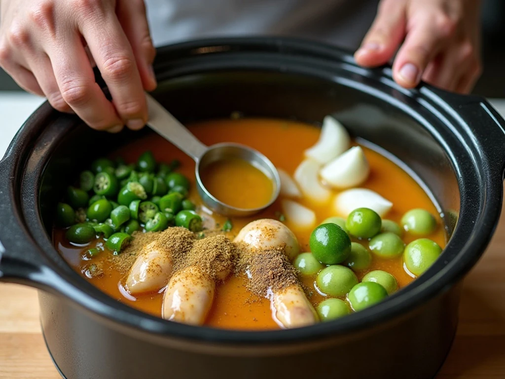 Chicken and tomatillo soup ingredients arranged in a slow cooker