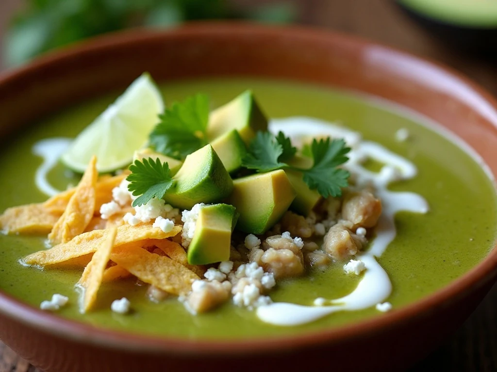 Chicken tomatillo soup topped with avocado cilantro tortilla strips and cotija