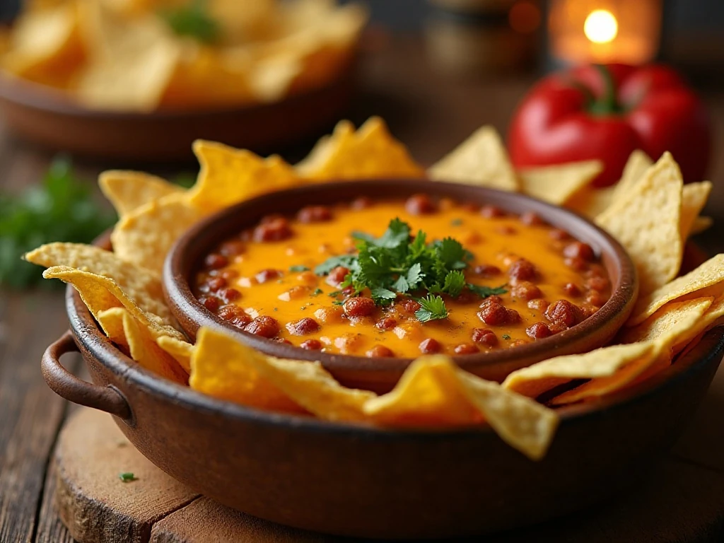 Warm crockpot chili cheese dip served with tortilla chips