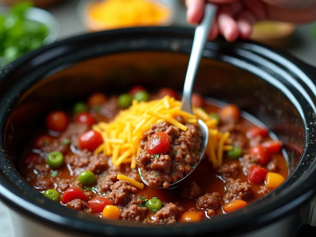 Stirring chili cheese dip ingredients in a slow cooker
