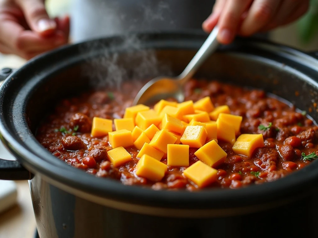 Cheese cubes melting into chili cheese dip
