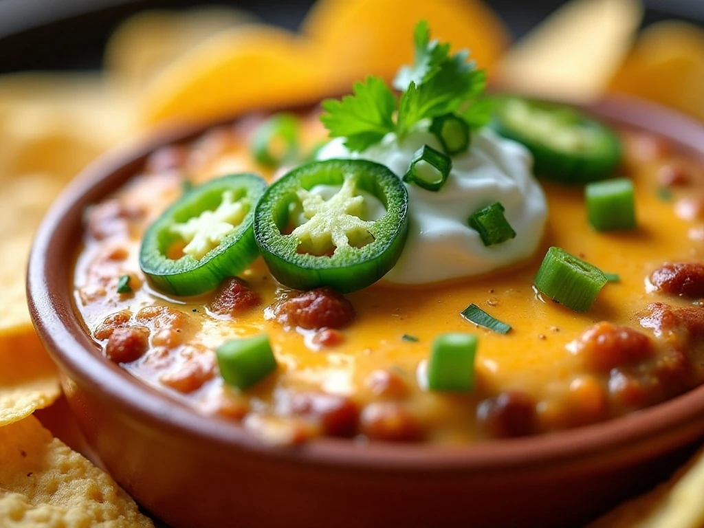 Garnished chili cheese dip with tortilla chips