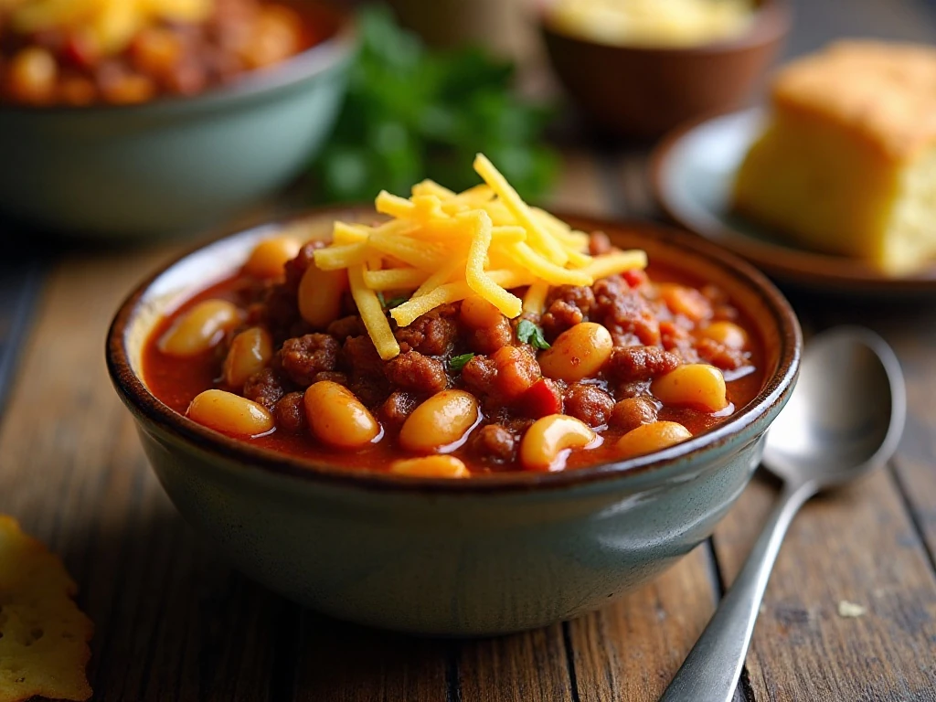 Bowl of cheesy crockpot chili mac with beef, beans, and macaroni