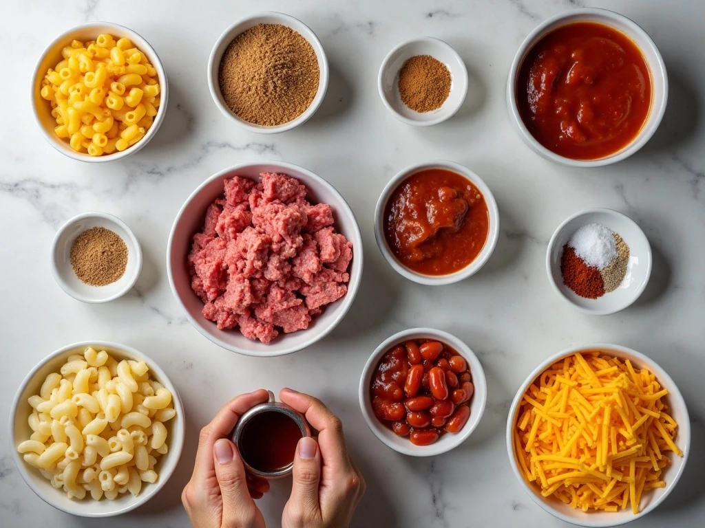 Ingredients for crockpot chili mac arranged on a kitchen counter