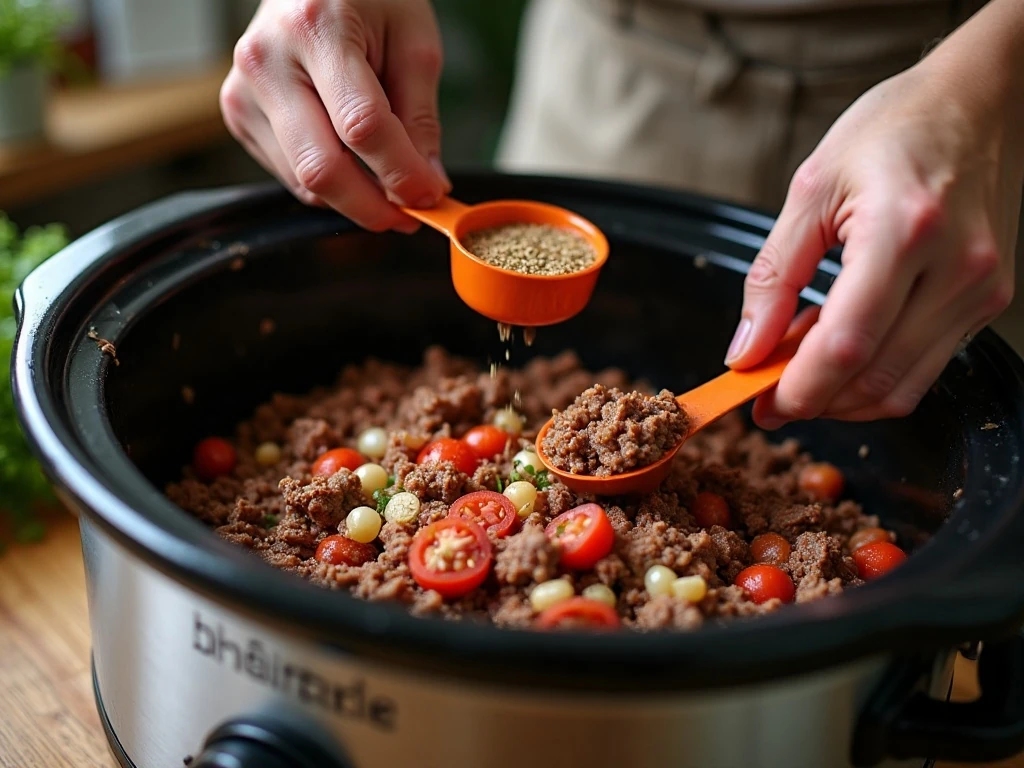 Preparing the beef and chili ingredients for slow cooker chili mac