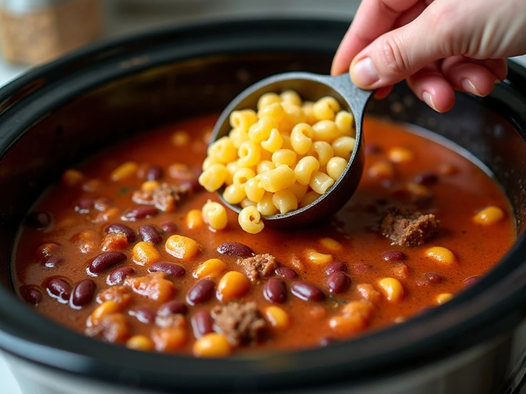 Adding elbow macaroni to the slow cooker chili near the end