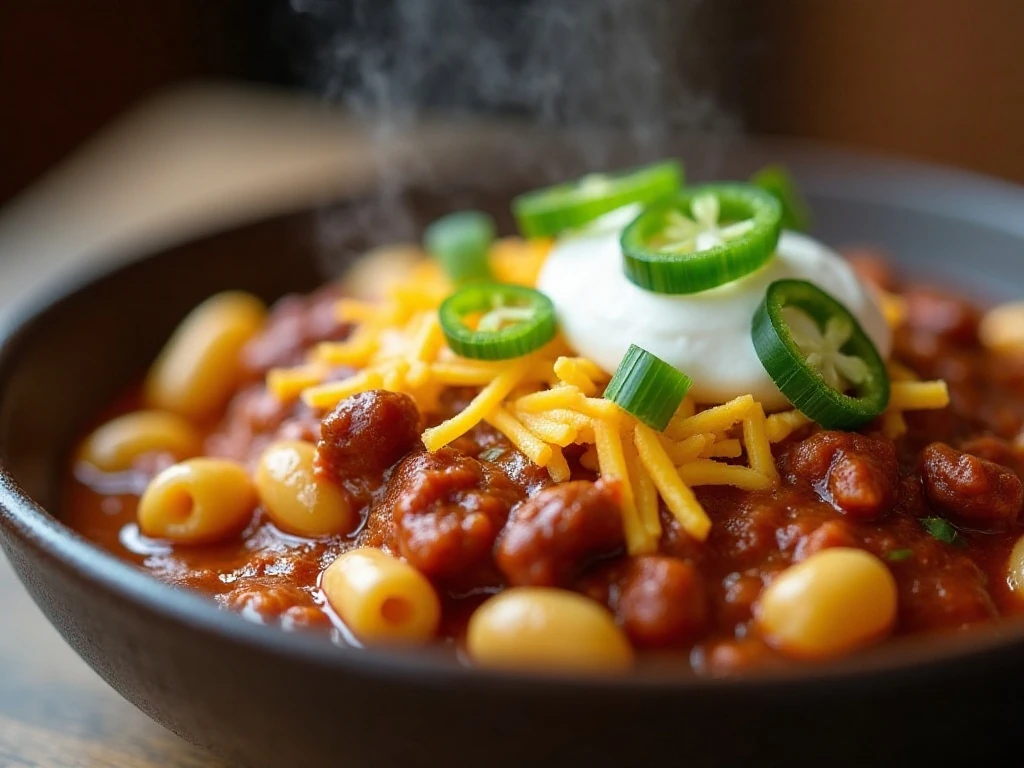 Chili mac garnished with cheddar, green onions, sour cream, and jalapeños