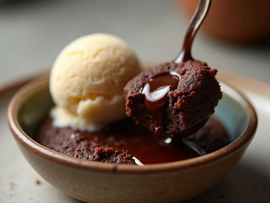 Warm crockpot chocolate lava cake served with vanilla ice cream